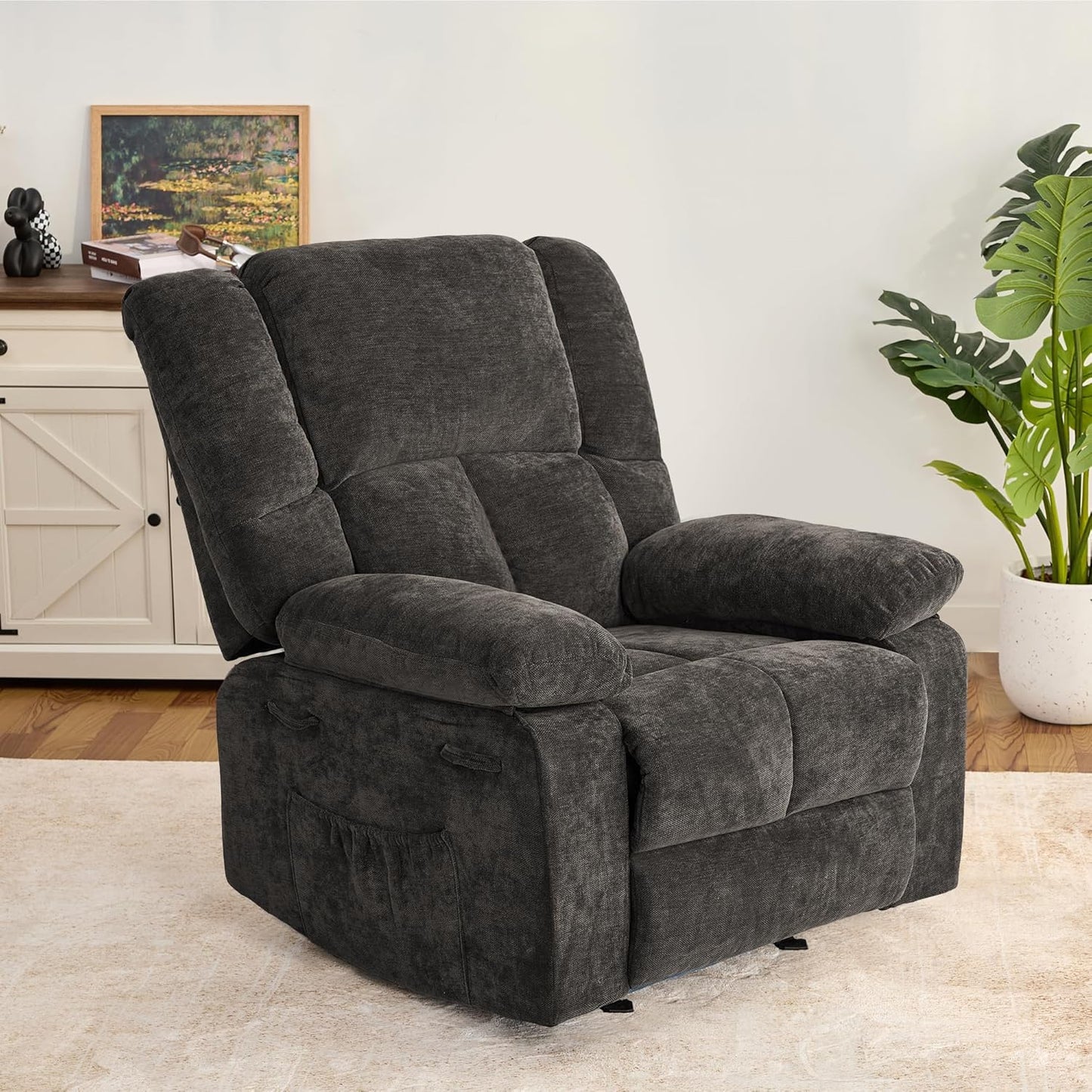 Velvet Rocker Recliner Chair for Adults, Rocker Recliner Nursing Single Sofa with Overstuffed Armrest and Backrest, Lazy Boy Recliner Chair with Side Pockets for Living Room, Medium, Blue