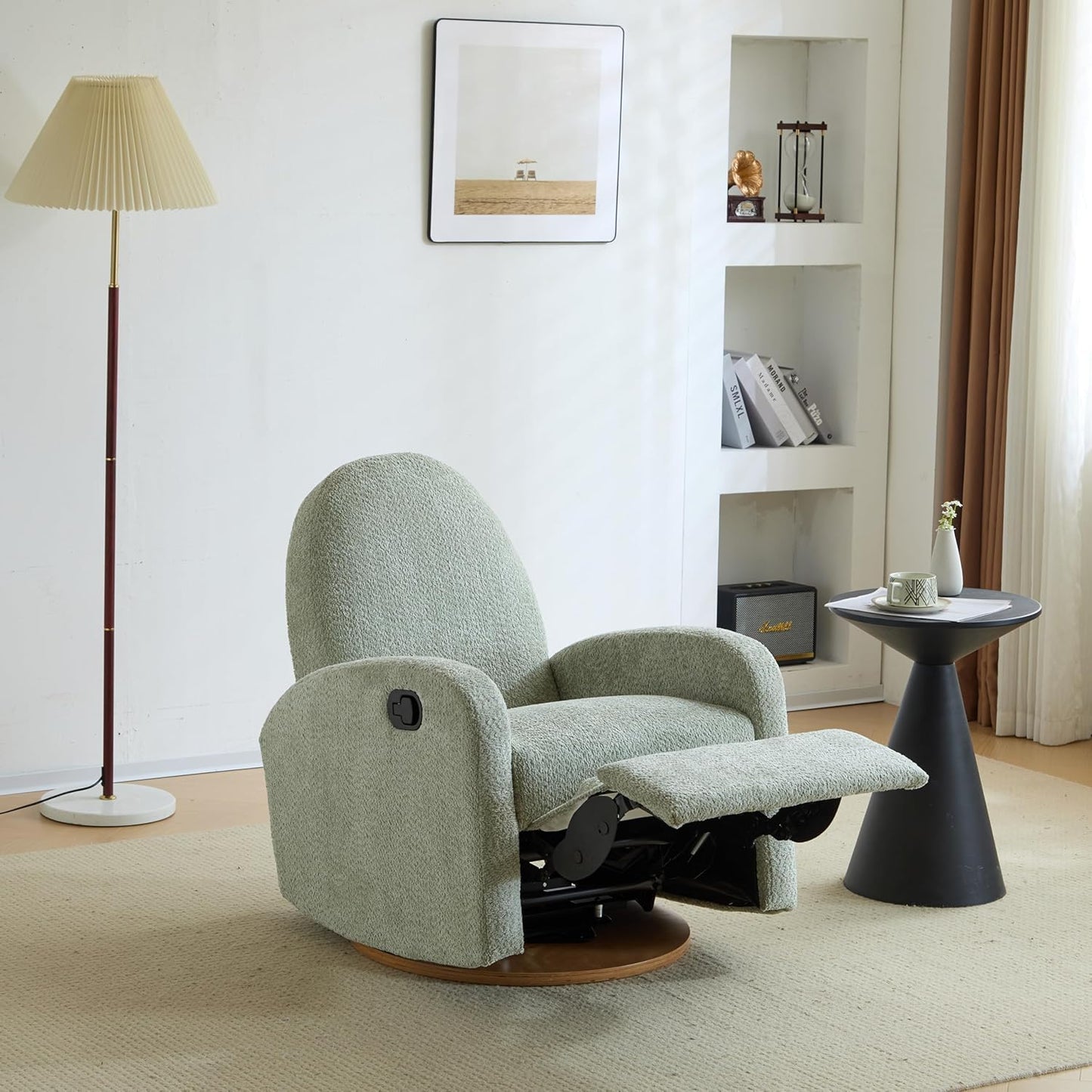 Christopher Knight Home Sidney Boucle Fabric Upholstered 360° Swivel Chair, Push-Back Recliner, Solid Wood Glider Recliner with Rotation, Living Room Lounge Chair, Adjustable Backrest, Greyish Green