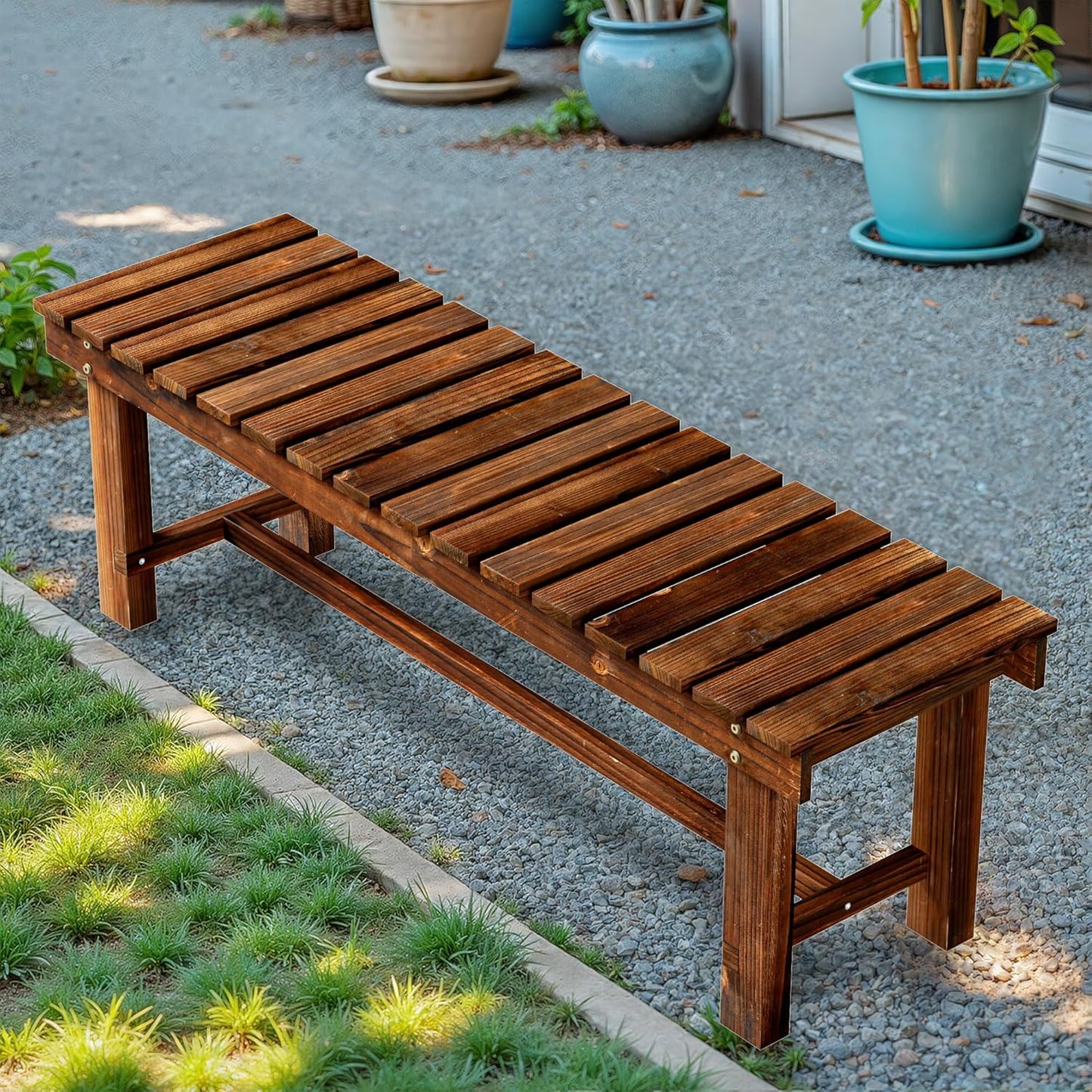 35.5" Outdoor Garden Bench, Weatherproof Patio Benches 2-Person Seat Backless Wooden Porch Bench, Multifunctional Slat All Weather Bench for Garden Lawn Porch Park Backyard (Carbonized Brown)