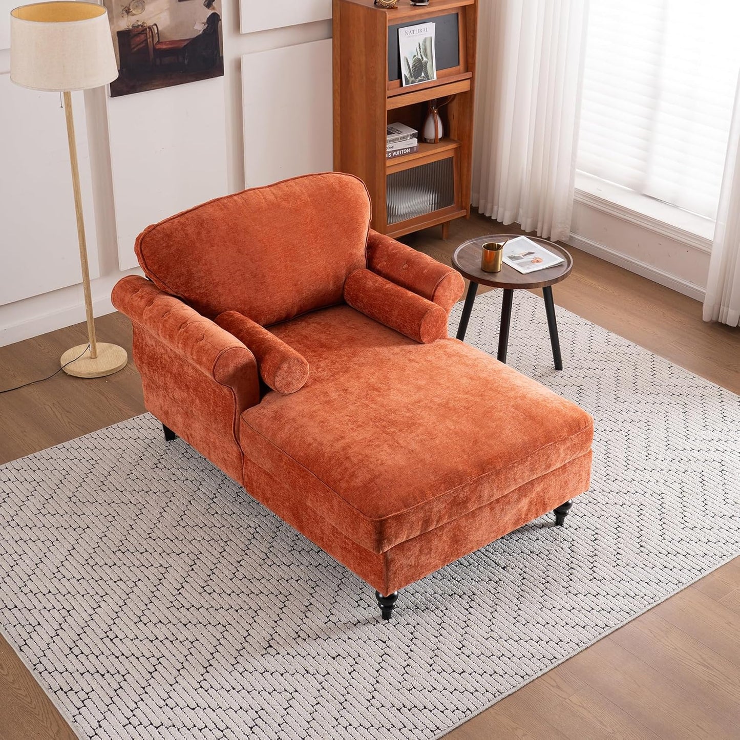 Chaise Lounge Chair Indoor with 2 Pillows, Leisure Upholstered Sofa Recliner, Chenille Single Chair for Living Room, Bedroom, Office (Orange)