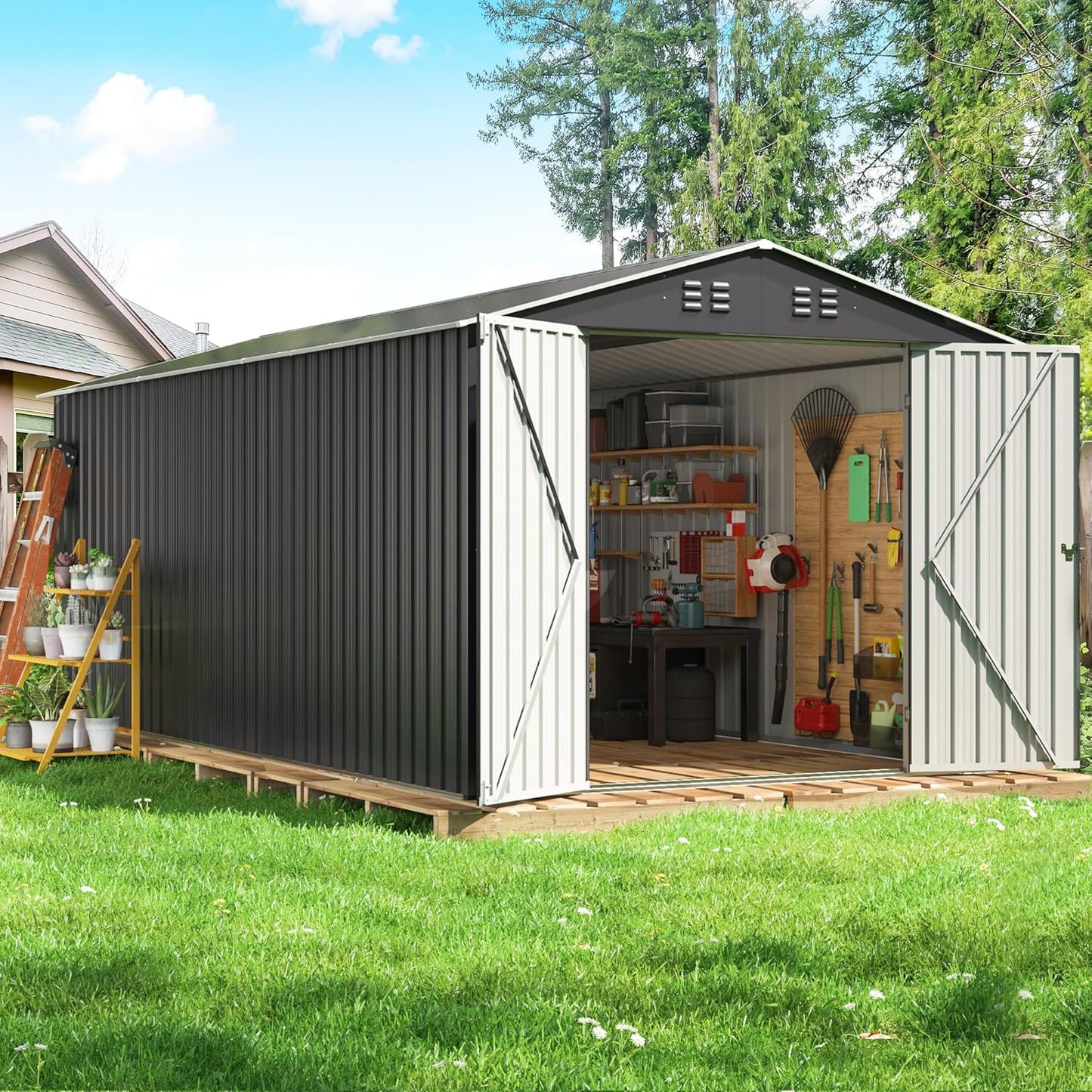 10x10 FT Outdoor Storage Shed, Garden Shed with Updated Frame Structure and Lockable Doors, Metal Tool Sheds for Backyard Garden Patio Lawn, Grey