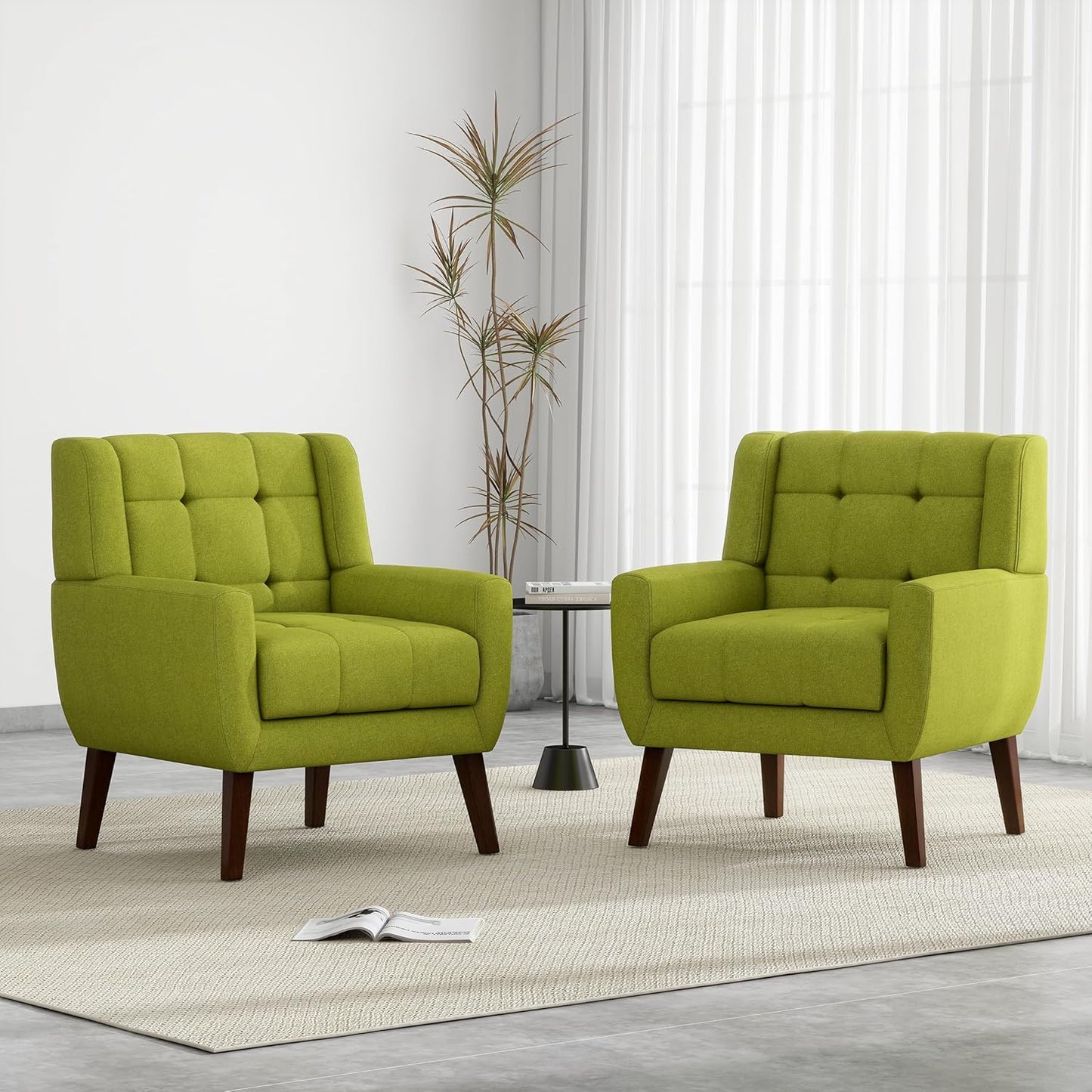 UIXE Accent Chairs Set of 2, Modern Upholstered Arm Chair in Fabric for Living Room, Comfy Armchair Single Sofa Seat with Solid Wooden Legs (Green)