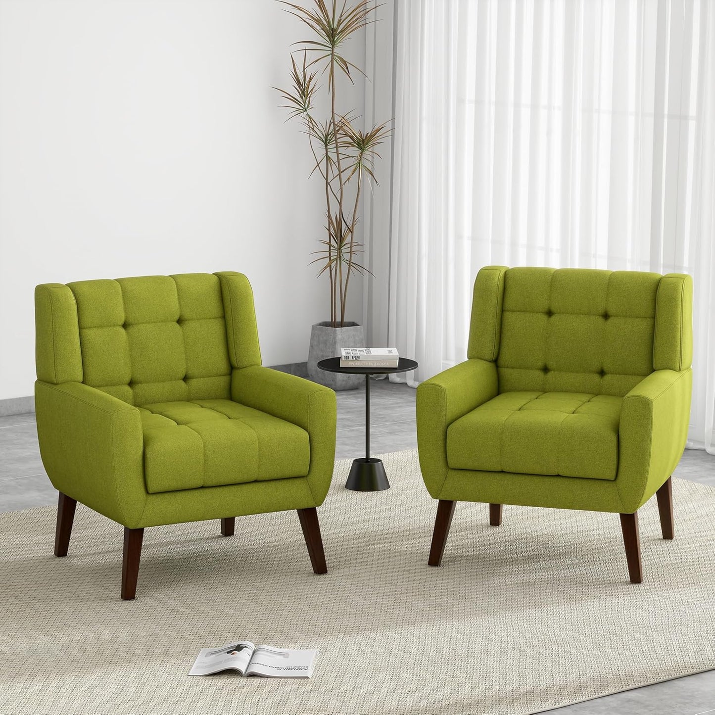 UIXE Accent Chairs Set of 2, Modern Upholstered Arm Chair in Fabric for Living Room, Comfy Armchair Single Sofa Seat with Solid Wooden Legs (Green)