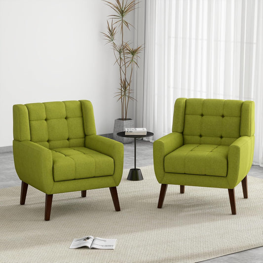 UIXE Accent Chairs Set of 2, Modern Upholstered Arm Chair in Fabric for Living Room, Comfy Armchair Single Sofa Seat with Solid Wooden Legs (Green)