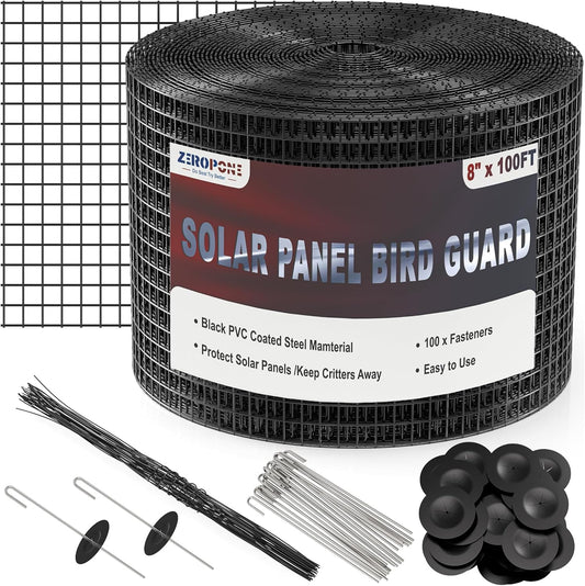 8inch x 100ft Solar Panel Bird Guard, Critter Guard for Solar Panels with 100 Pcs Stainless Steel Fasteners, Removable PVC Coated Pigeon Netting Wire for Squirrel, Bird, Critters Proofing