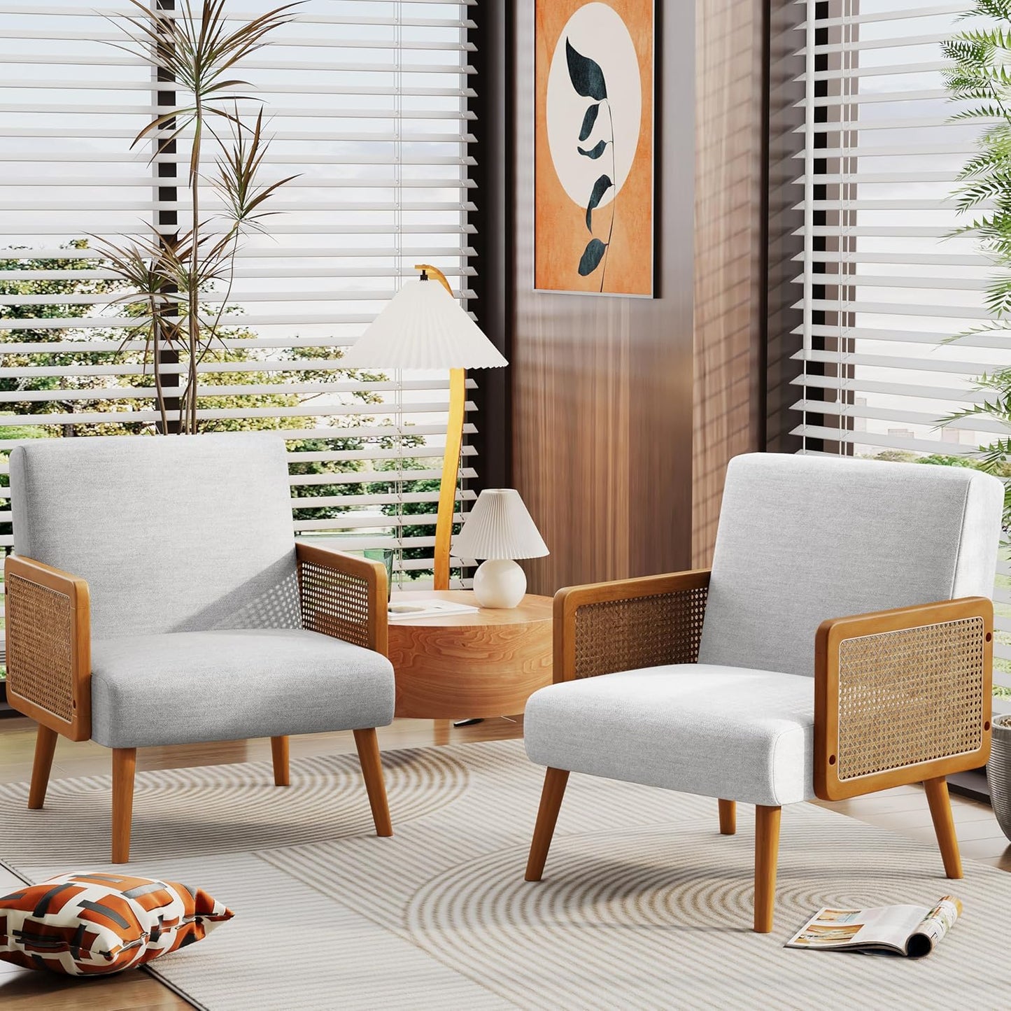 Yongqiang Orange Accent Chairs Set of 2, Natural Rattan Upholstered Arm Chairs for Bedroom Living Room Side Chairs Linen Comfy Reading Chair