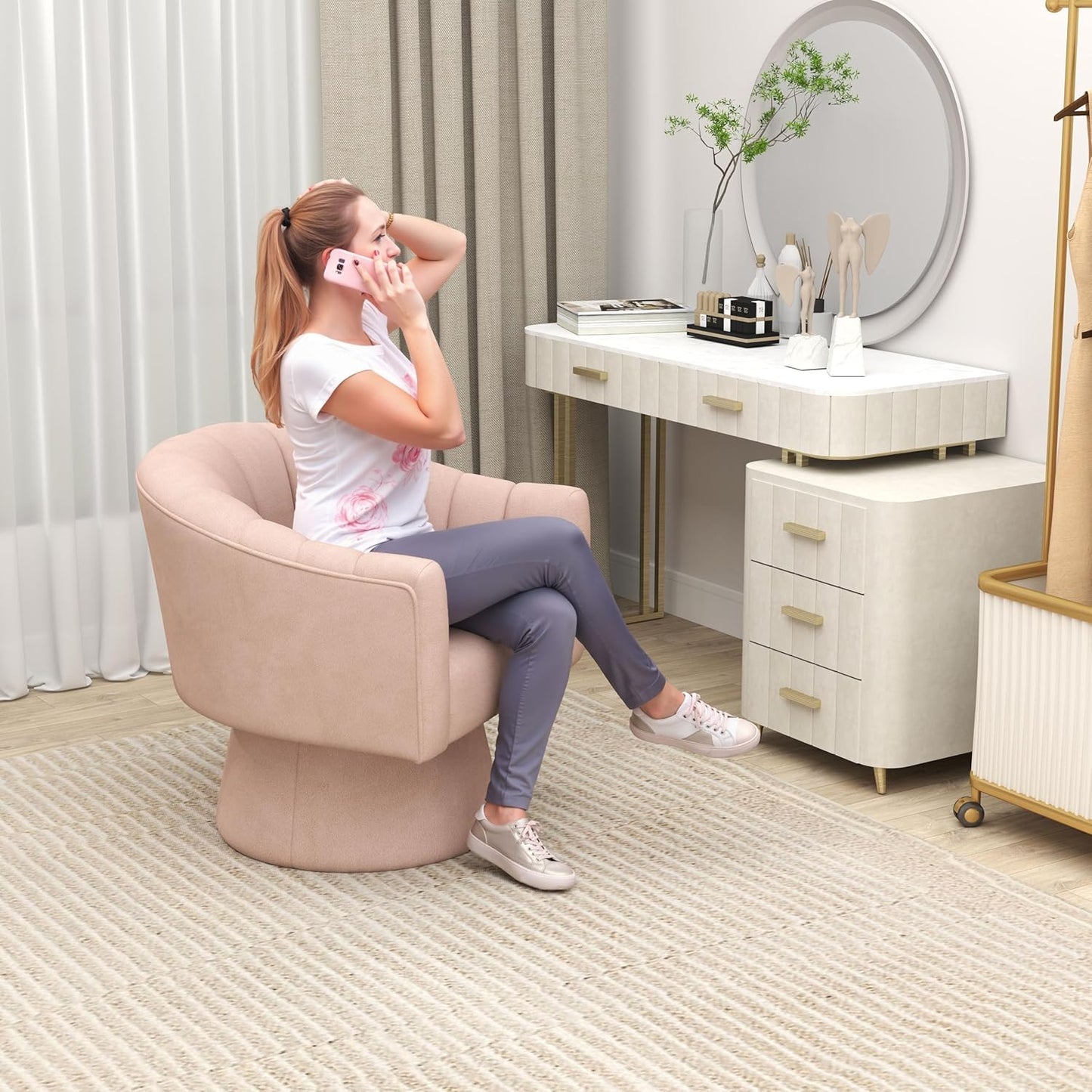 Swivel Accent Chair,Upholstered Velvet 360° Swivel Barrel Chair for Living Room Overstuffed Bouncle Reading Chair Round Armchair for Bedroom,Vanity,Office(Pink)
