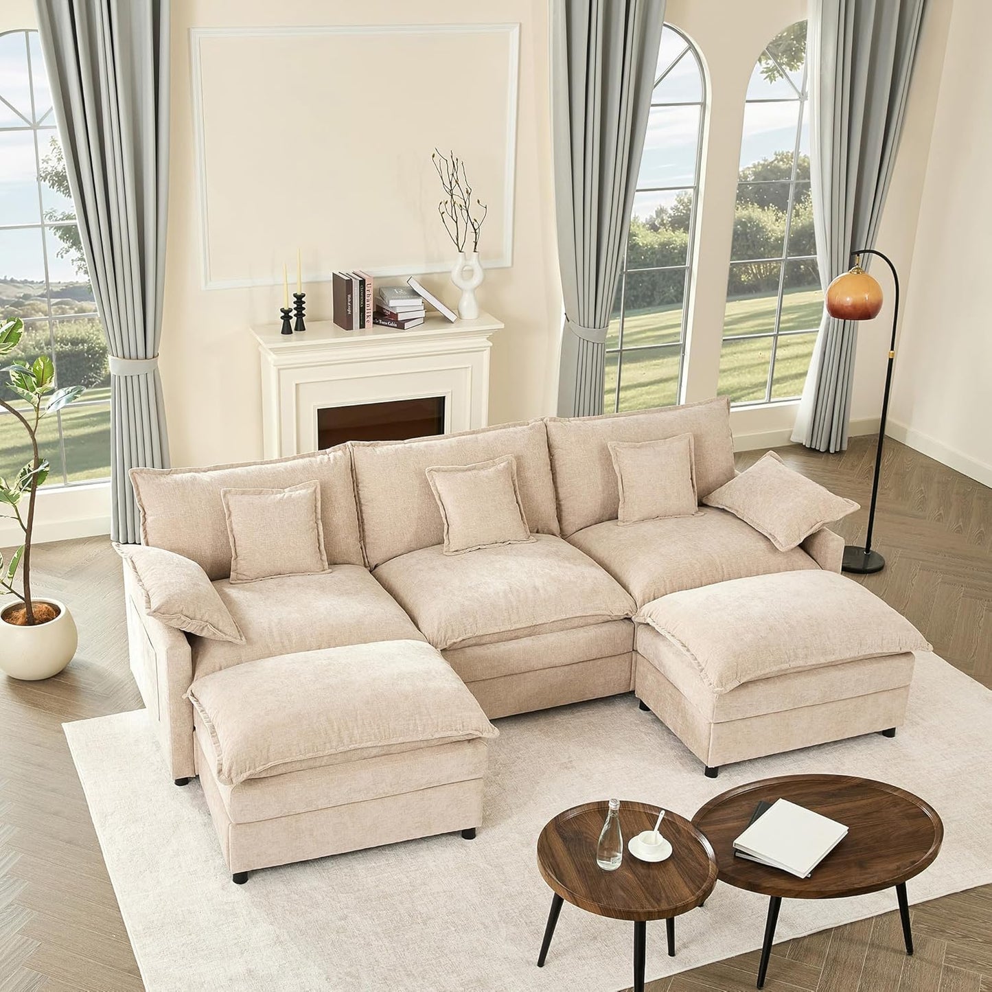 108" U Shaped Couch, Modular Sectional Sofa, 3-Seater Comfy Cloud Couch with Movable Ottoman, Deep Seat Couches for Living Room, Linen, Beige