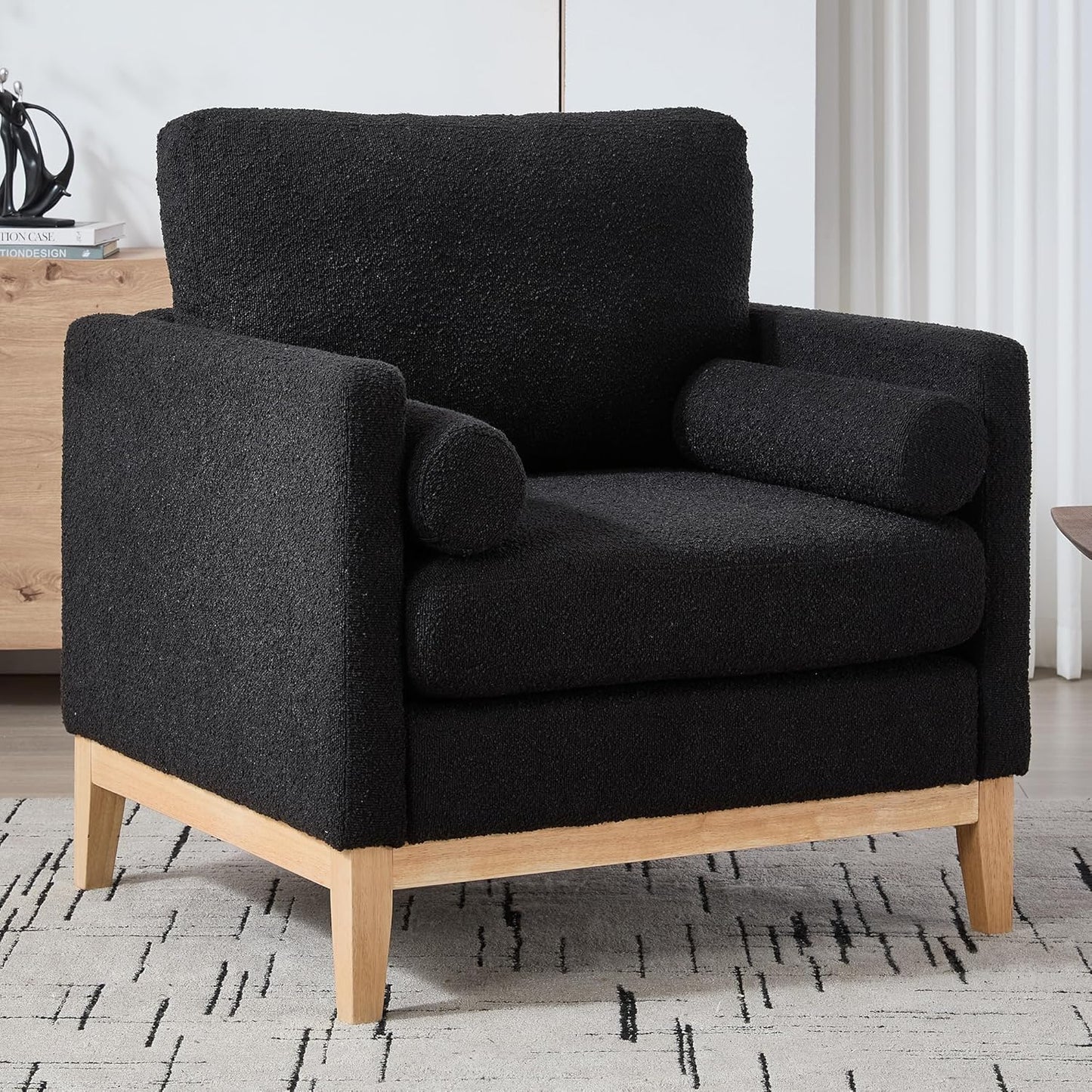 Yowan&Sillan 35.4" Wide Large Armchair Oversized Accent Chair,Modern Boucle Comfy Living Room Bedroom Reading Chairs Single Sofa,Black Wood Leg,Chairs for Lounge,Study,Office,Reception,Black