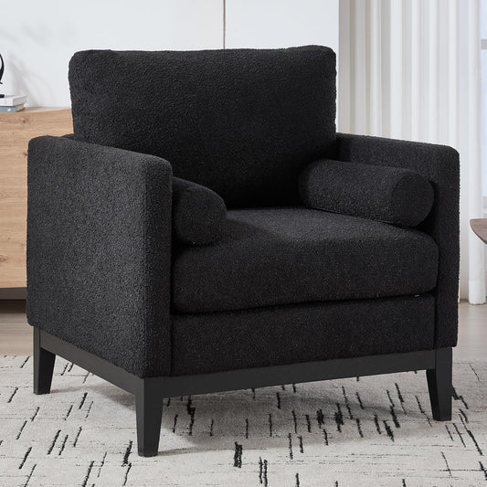 Yowan&Sillan 35.4" Wide Large Armchair Oversized Accent Chair,Modern Boucle Comfy Living Room Bedroom Reading Chairs Single Sofa,Black Wood Leg,Chairs for Lounge,Study,Office,Reception,Black