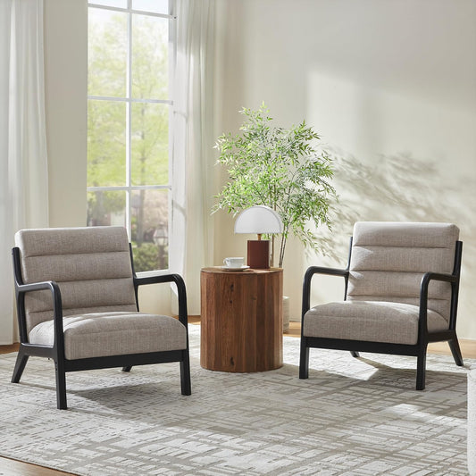 VKNOW Accent Chairs with Rubberwood Frame Accent Chairs Set of 2, Mid-Century Modern Upholstered Reading Armchair, High Back Lounge Armchair Living Room Chair for Bedroom Reading Room, Light Brown