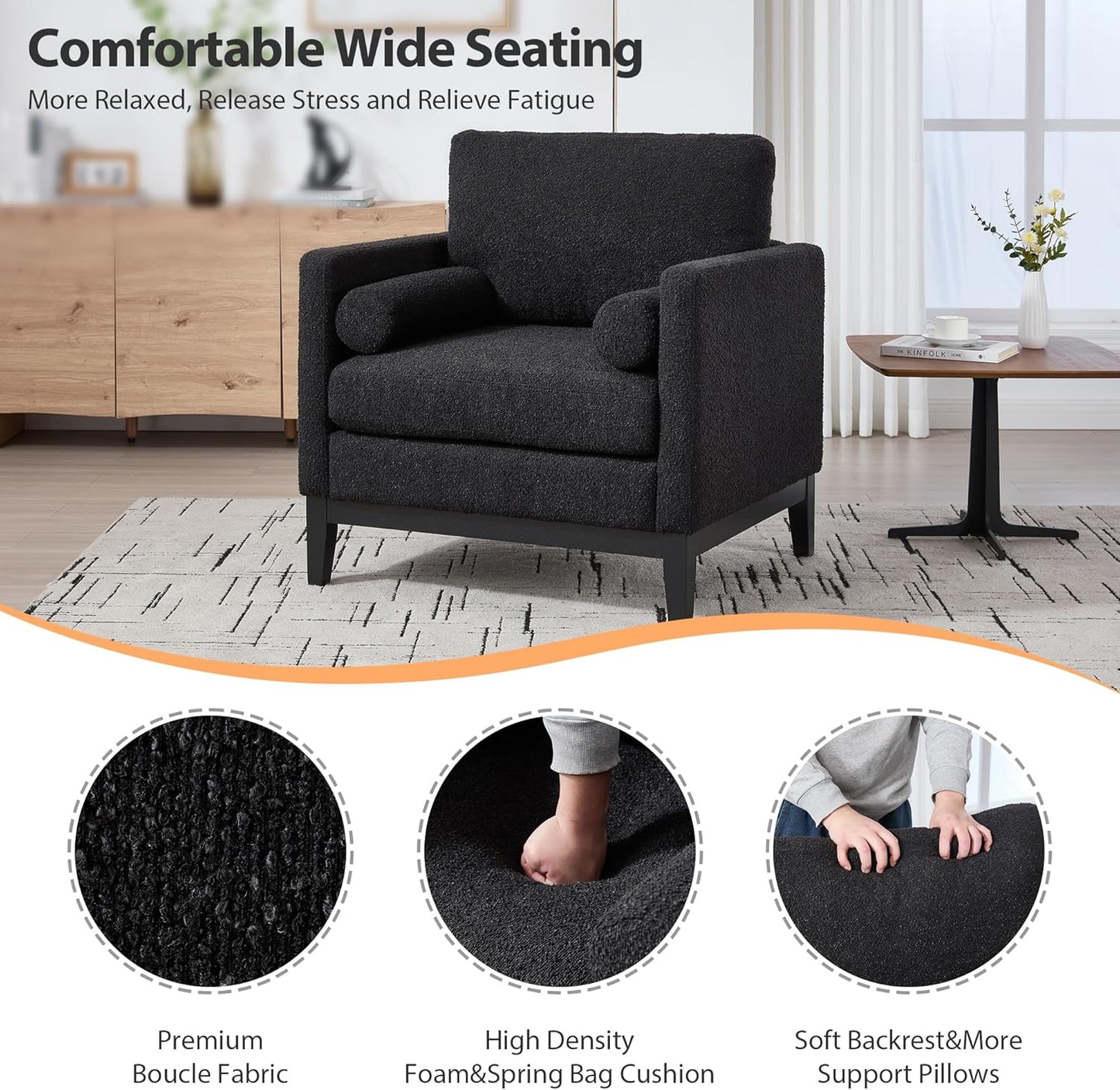 Yowan&Sillan 35.4" Wide Large Armchair Oversized Accent Chair,Modern Boucle Comfy Living Room Bedroom Reading Chairs Single Sofa,Black Wood Leg,Chairs for Lounge,Study,Office,Reception,Black
