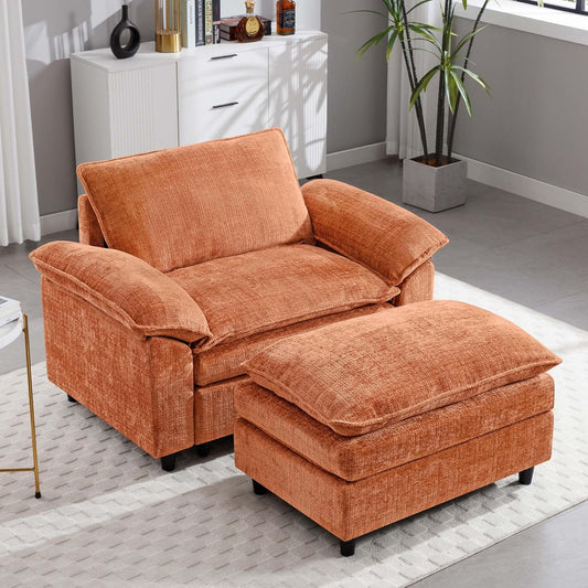 51.9" Orange Oversized Cloud Accent Chair with Ottoman, Modern Chaise Lounge Chair Indoor, Comfy Chenille Single Sofa Couch Chair for Living Room Apartment Office