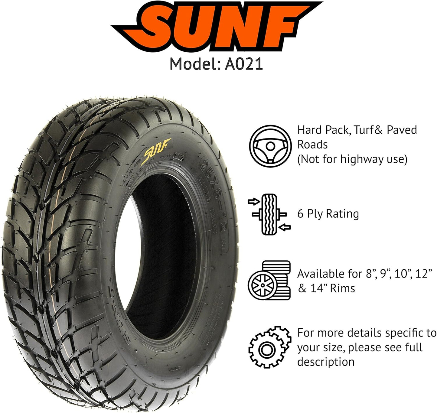 【2】SunF 145/70-6 ATV UTV Tires 145/70x6 Tubeless 6 Ply for 6 Rims - A021, black