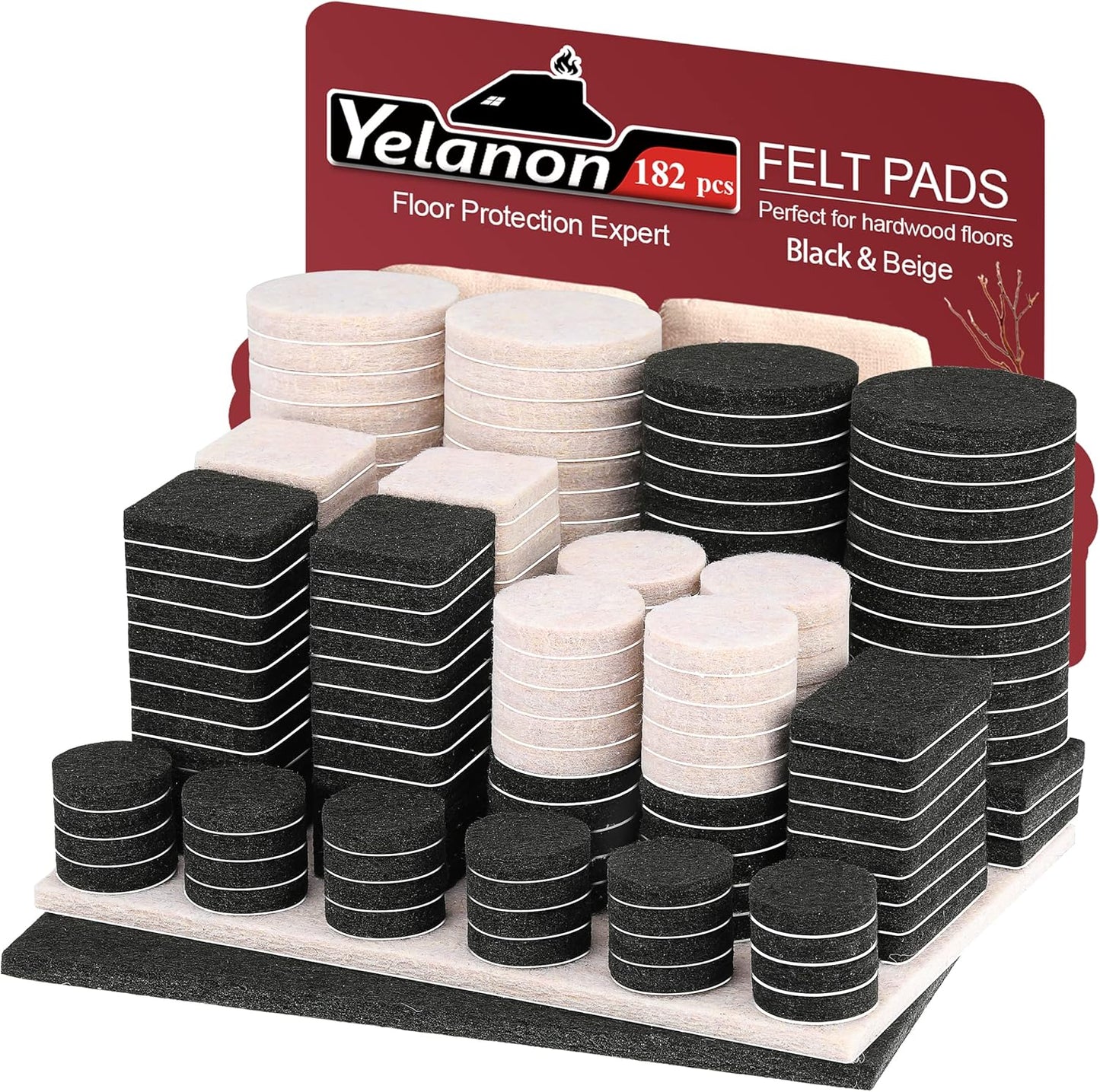 Yelanon Felt Furniture Pads -182 Pcs Premium Felt Pads for Chair Legs Furniture, Floor Protectors for Hardwood Floors, Black