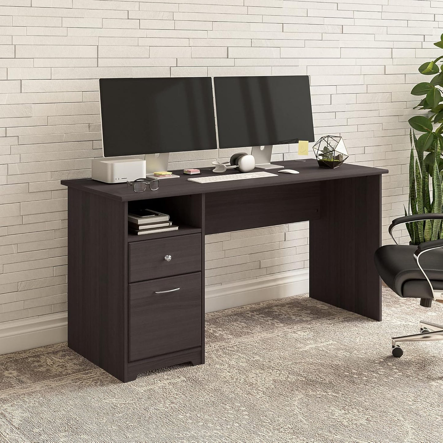 Bush Furniture Cabot 60W Office Desks for Home Office with Storage and Chrome Hardware Elegant Computer Table with Drawers, Heather Gray