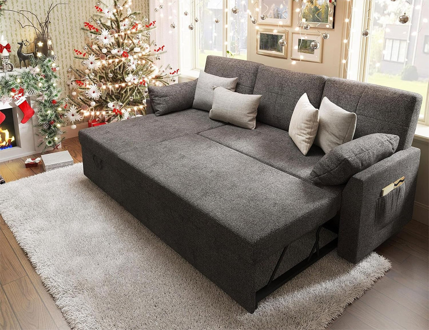 VanAcc Sofa Bed, Sleeper Sofa- 2 in 1 Pull Out Couch Bed with Storage Chaise for Living Room, White Sherpa 84in x 59in x 39in