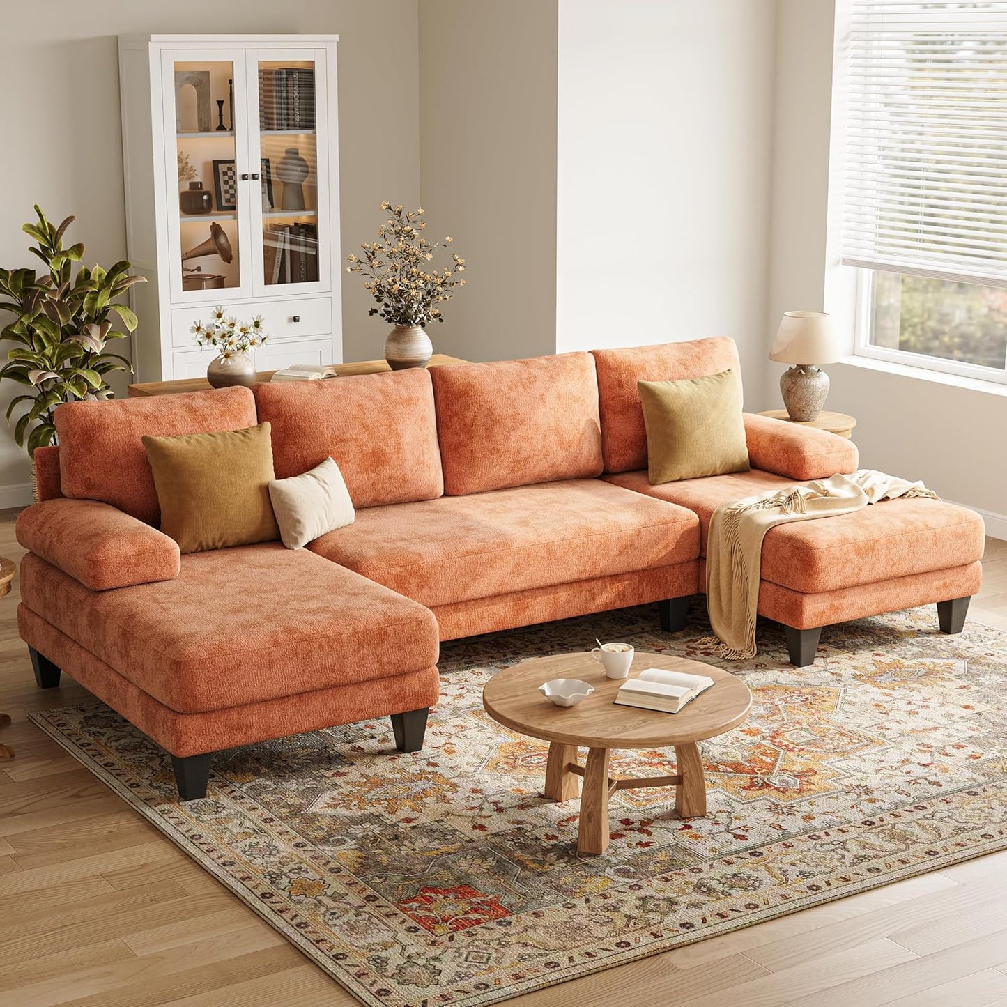 U-Shaped Sectional Couches for Living Room | 112 Inch Sectionals Couch | Beige Cheille Sofa with Double Chaise for Apartment