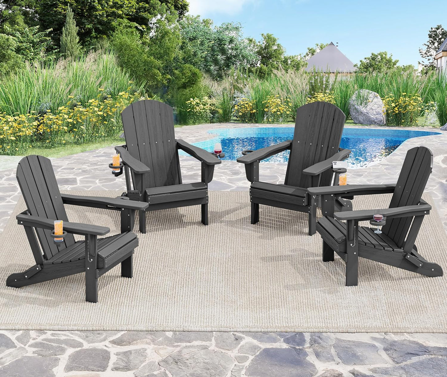 SERWALL Adirondack Chair with Cup Holders - Composite Adirondack Chairs Set of 8 HDPE Outdoor Chairs All Weather Use- Brown