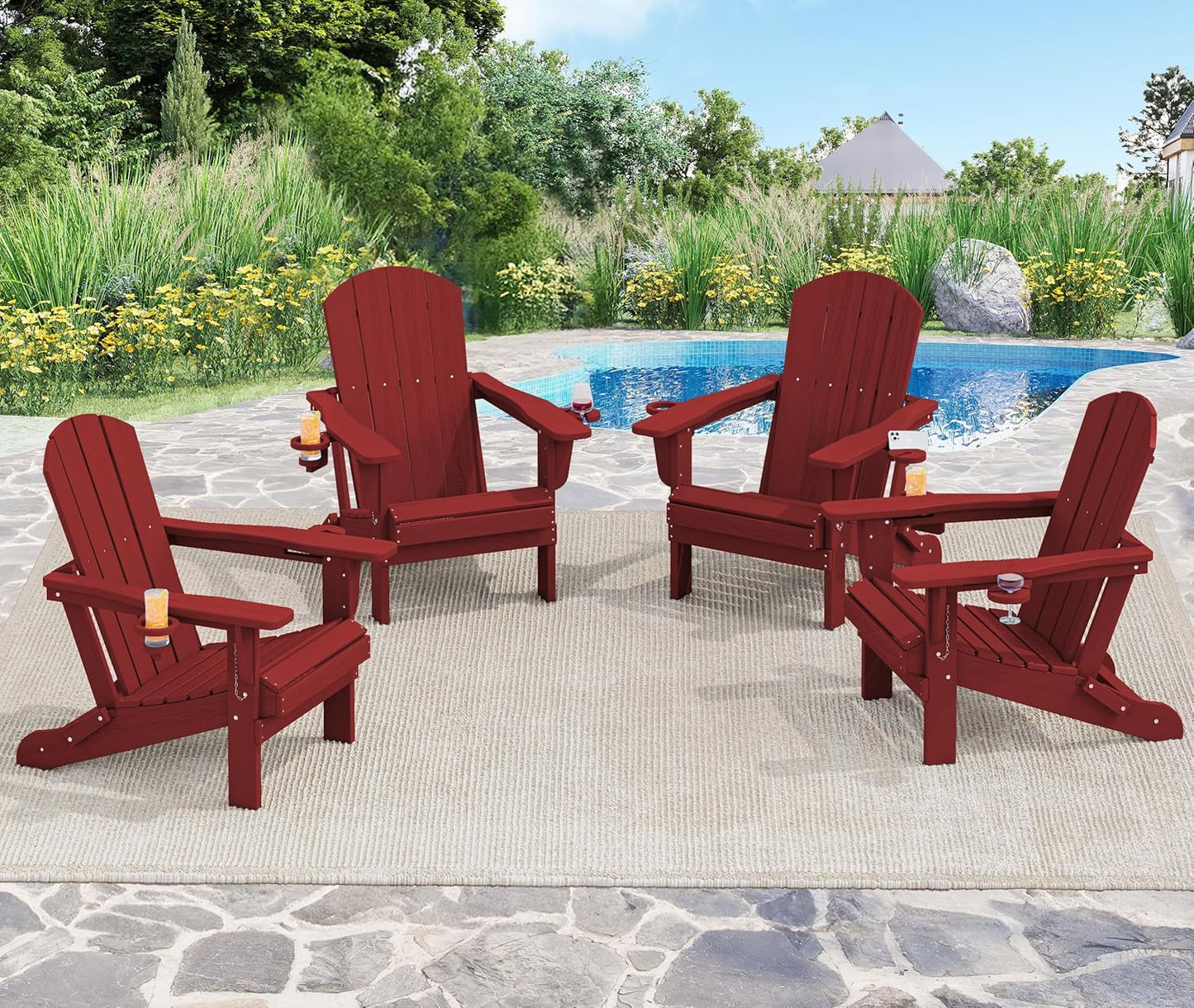 SERWALL Adirondack Chair with Cup Holders - Composite Adirondack Chairs Set of 8 HDPE Outdoor Chairs All Weather Use- Brown