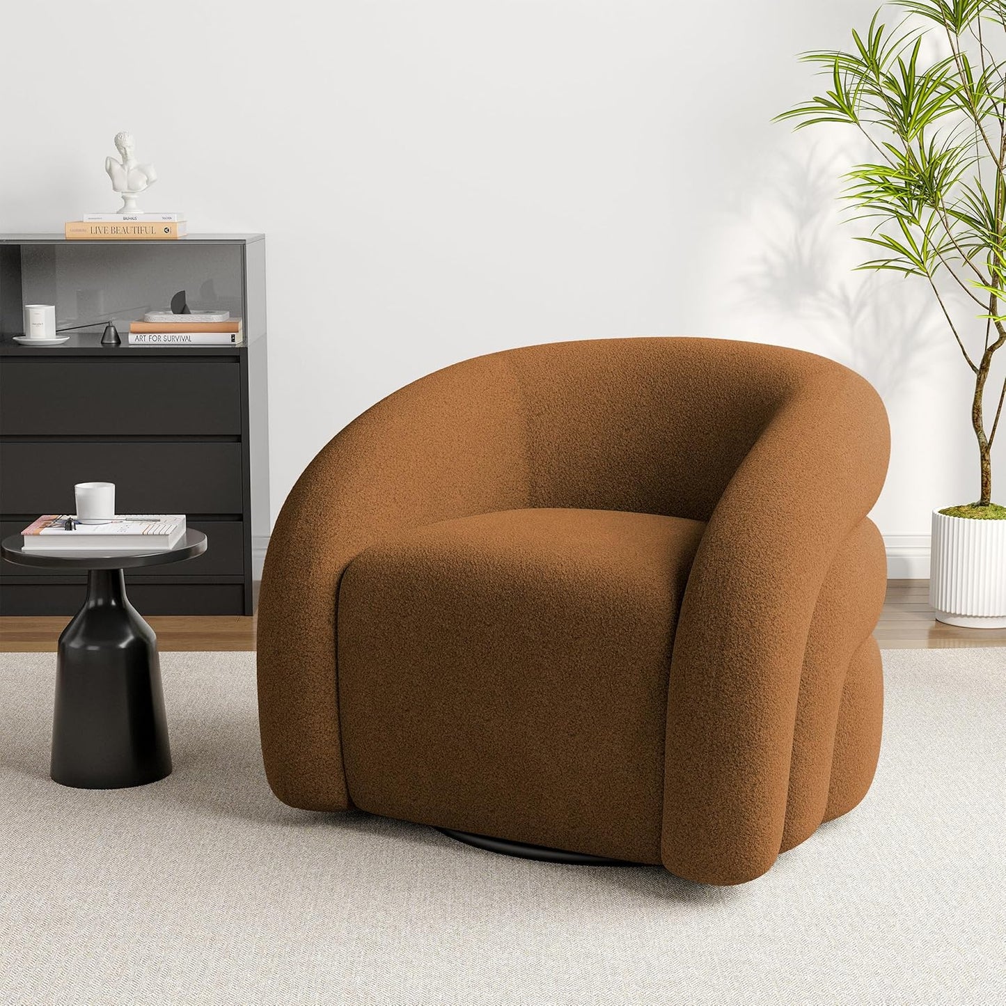 UIXE Swivel Barrel Accent Chair, Boucle Upholstered Arm Chair for Living Room, Modern Round Armchair Comfy Reading Sofa Seat with Solid Metal Base, Fully Assembled - Gray