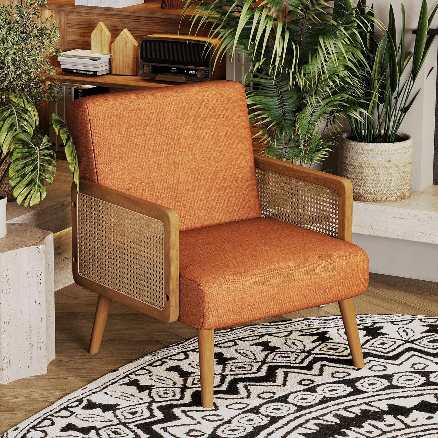 Yongqiang Orange Accent Chairs Set of 2, Natural Rattan Upholstered Arm Chairs for Bedroom Living Room Side Chairs Linen Comfy Reading Chair