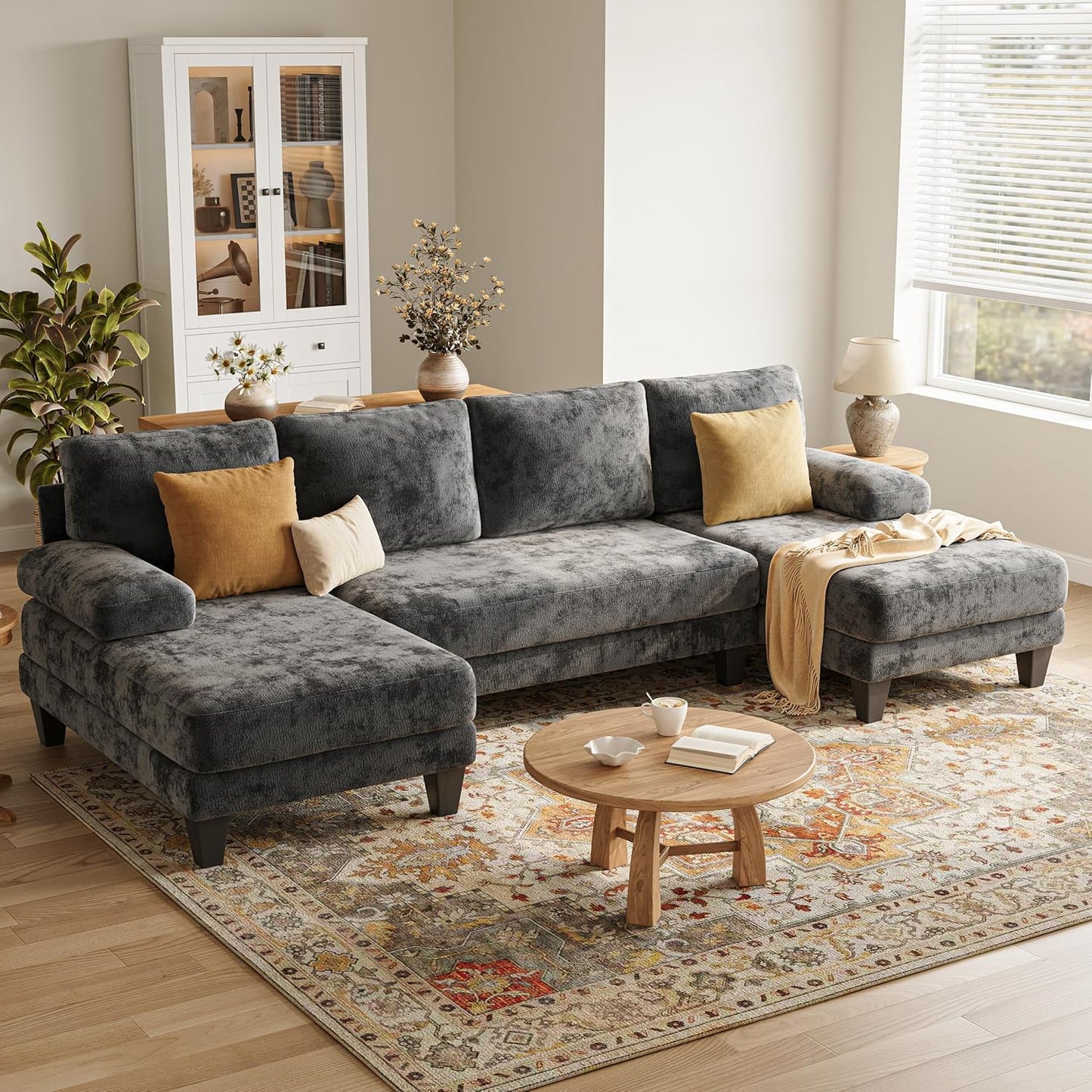 U-Shaped Sectional Couches for Living Room | 112 Inch Sectionals Couch | Beige Cheille Sofa with Double Chaise for Apartment