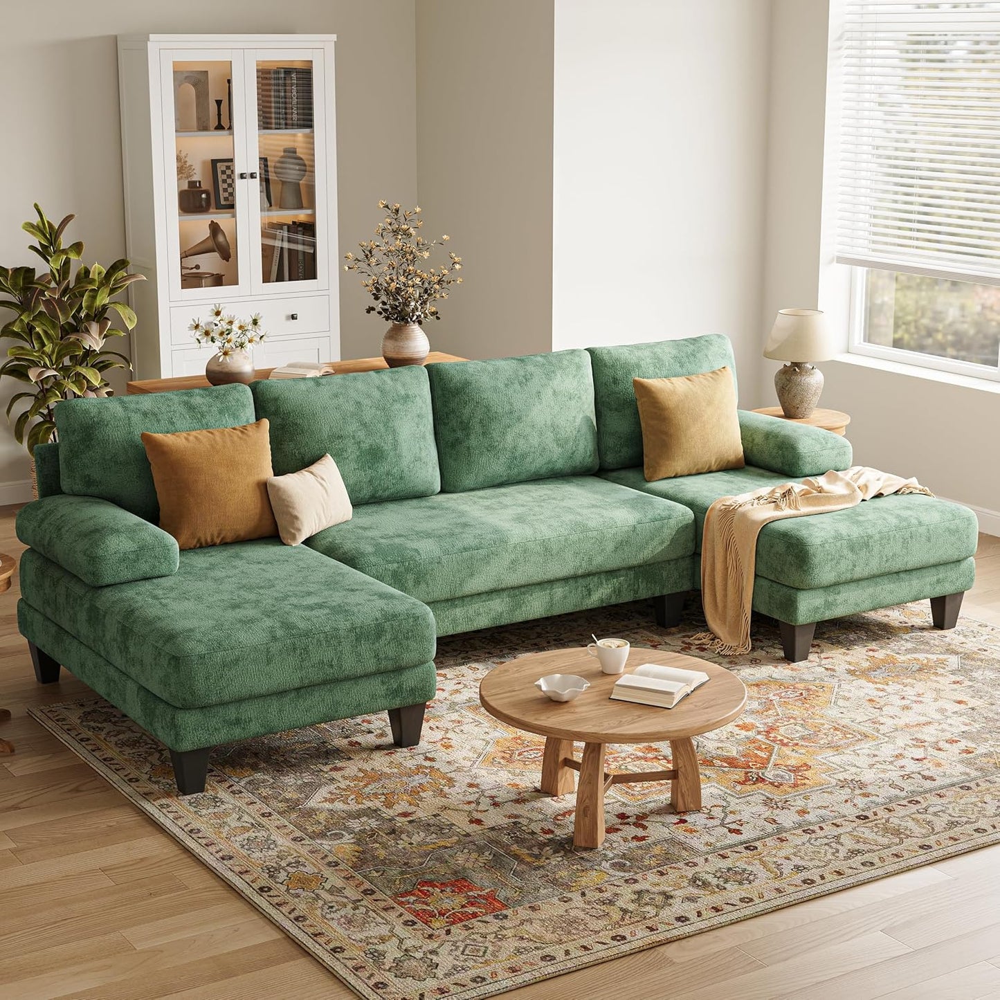 U-Shaped Sectional Couches for Living Room | 112 Inch Sectionals Couch | Beige Cheille Sofa with Double Chaise for Apartment