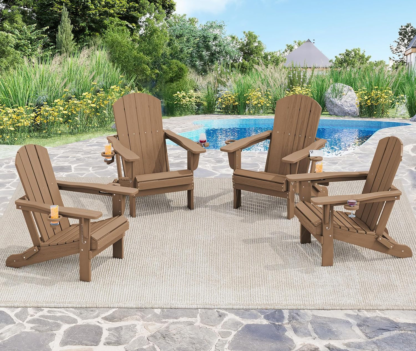 SERWALL Adirondack Chair with Cup Holders - Composite Adirondack Chairs Set of 8 HDPE Outdoor Chairs All Weather Use- Brown