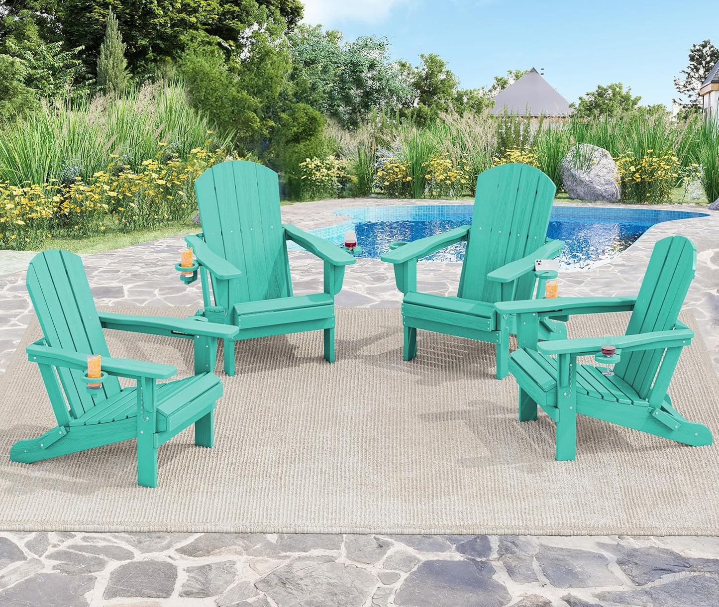 SERWALL Adirondack Chair with Cup Holders - Composite Adirondack Chairs Set of 8 HDPE Outdoor Chairs All Weather Use- Brown