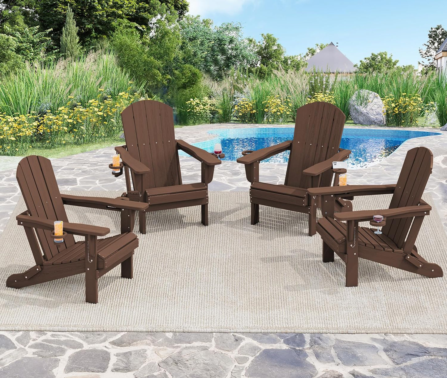SERWALL Adirondack Chair with Cup Holders - Composite Adirondack Chairs Set of 8 HDPE Outdoor Chairs All Weather Use- Brown