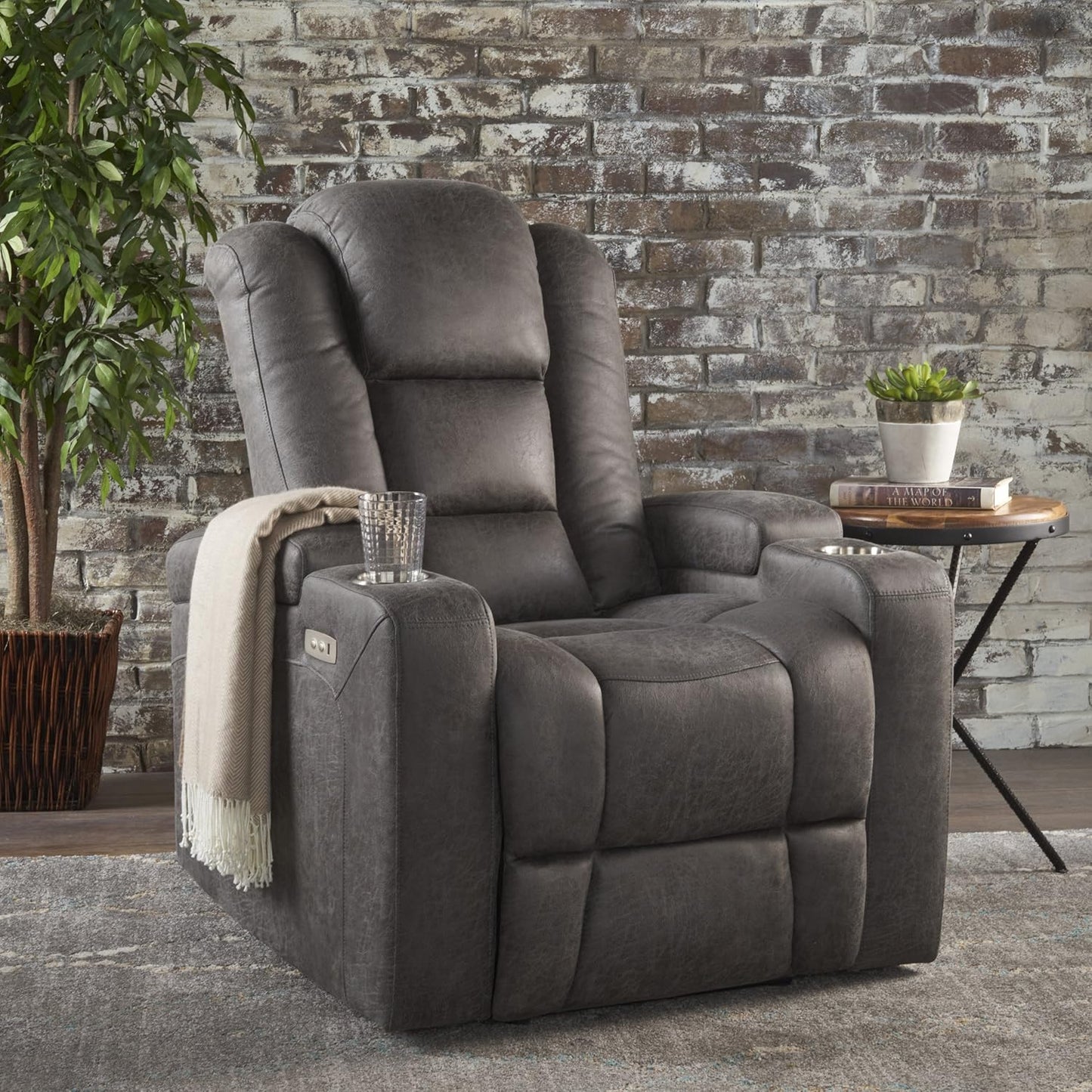33" Wide Power Recliner Chair - Modern Recliner Chair with Arm Storage and USB, Reclining Sofa Chair for Adults, Overstuffed Cushions High Back Home Theater Seat for Living Room (Microfiber, Grey)