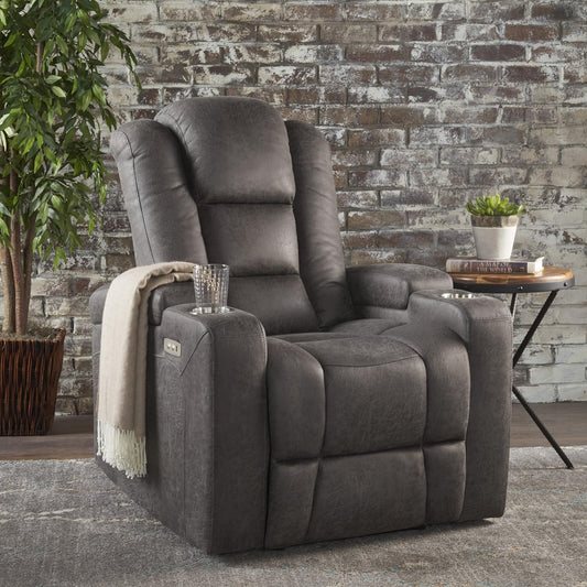 33" Wide Power Recliner Chair - Modern Recliner Chair with Arm Storage and USB, Reclining Sofa Chair for Adults, Overstuffed Cushions High Back Home Theater Seat for Living Room (Microfiber, Grey)