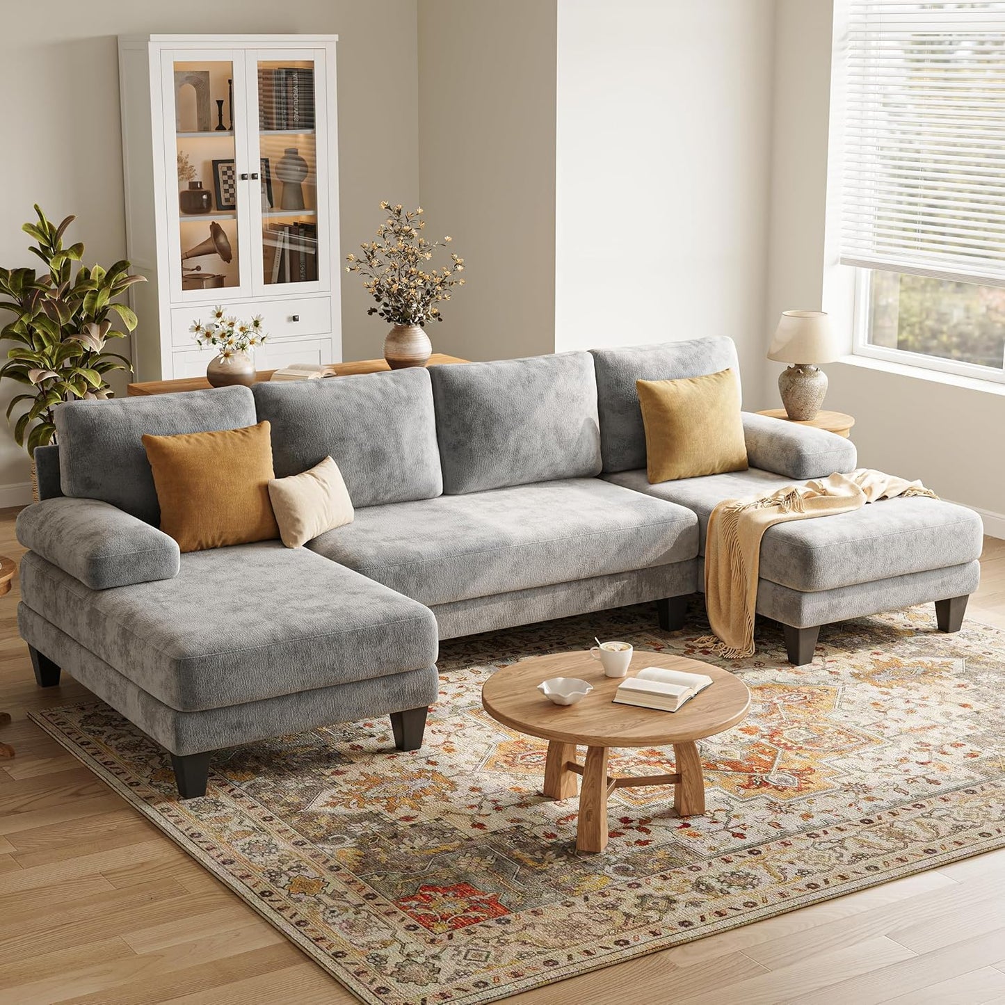U-Shaped Sectional Couches for Living Room | 112 Inch Sectionals Couch | Beige Cheille Sofa with Double Chaise for Apartment